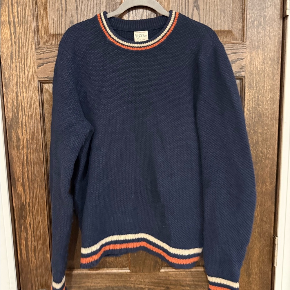 J. Crew Rugged Merino Crewneck Sweater Men’s Large Navy Stripe Collar Preppy